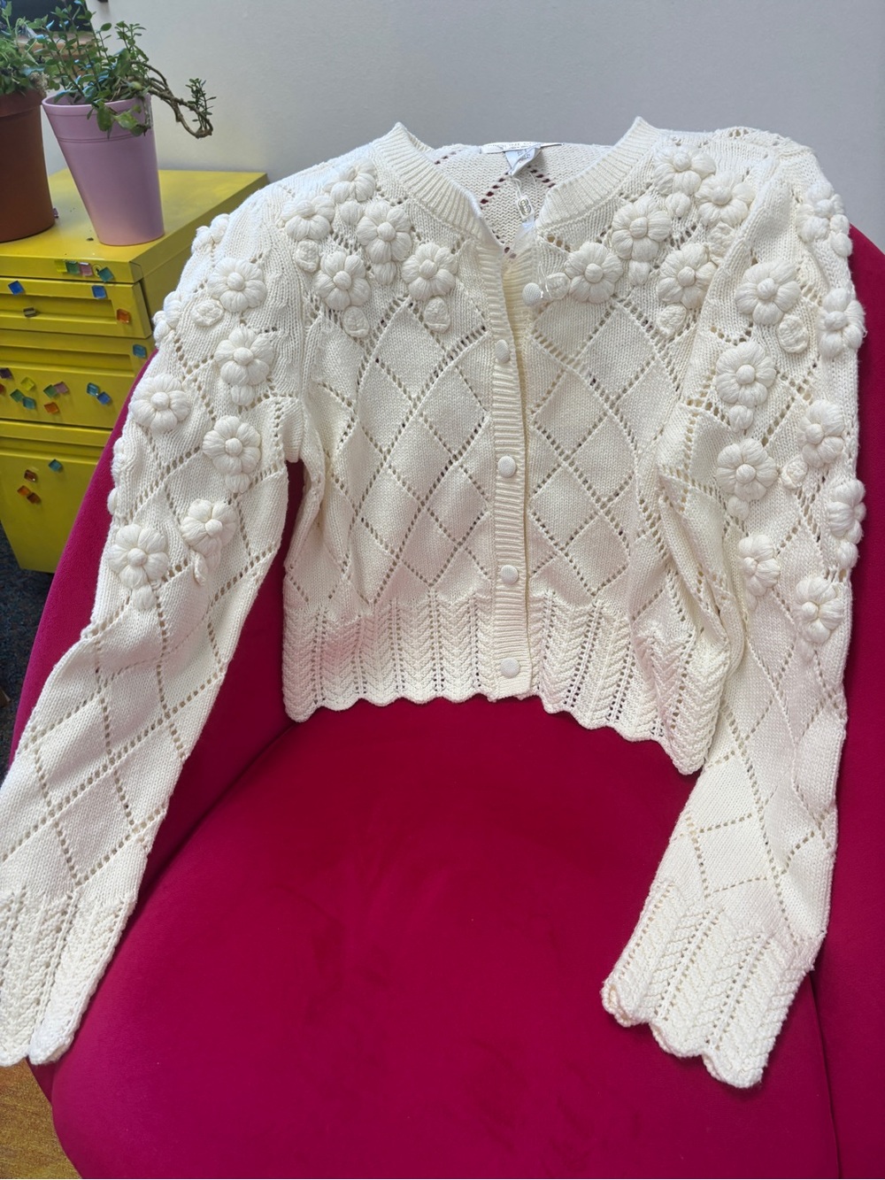 New Caroline Constas Cream Floral Knit Button-Up Women's Sweater Cardigan small - Picture 1 of 15